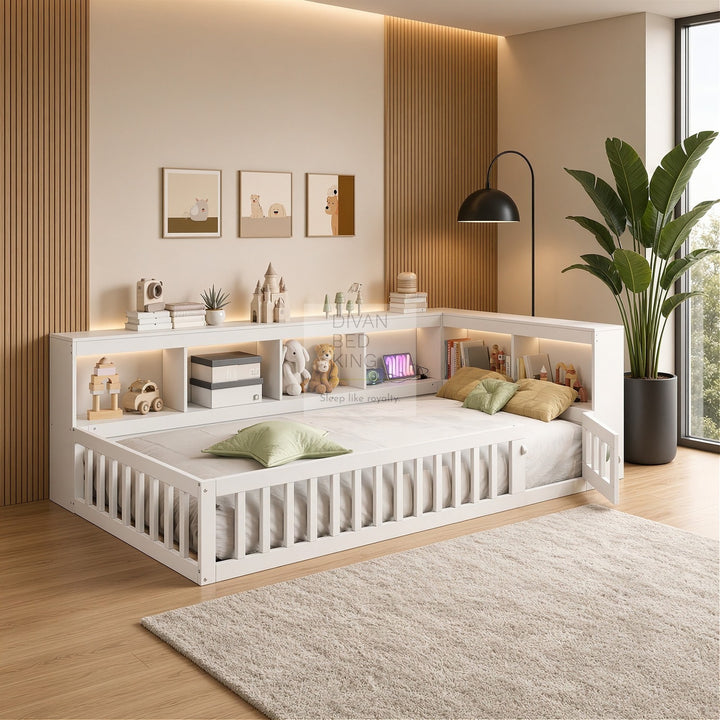 Woodward White Wooden Low Floor Bed with Type C and USB Charging Headboard Storage Shelf