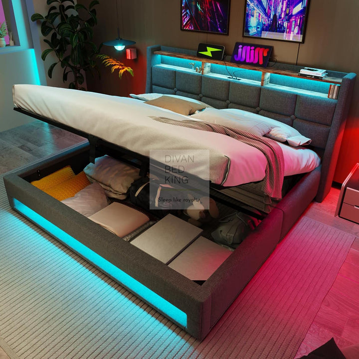 Solana Grey Linen Ottoman Storage Smart Bed with Type C, USB & Wireless Charging Headboard Shelves