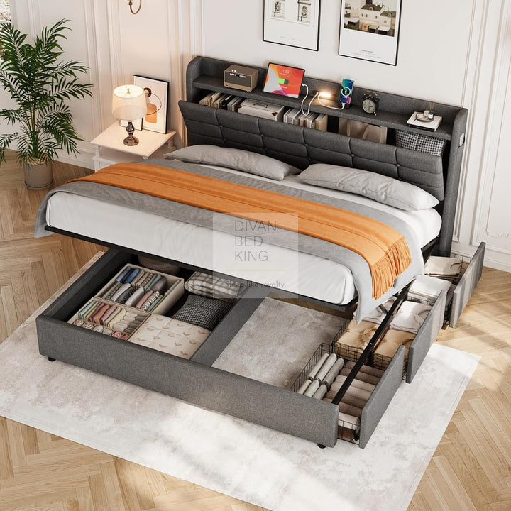 Treviso Charcoal Grey Linen 3 Drawer Ottoman Storage Bed with LED Lights, Type C and USB Charging Headboard Storage Shelf
