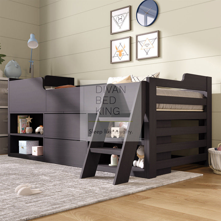 Zenda Kids Black Wooden Cabin Mid Sleeper Bed Storage with Drawers and Shelves