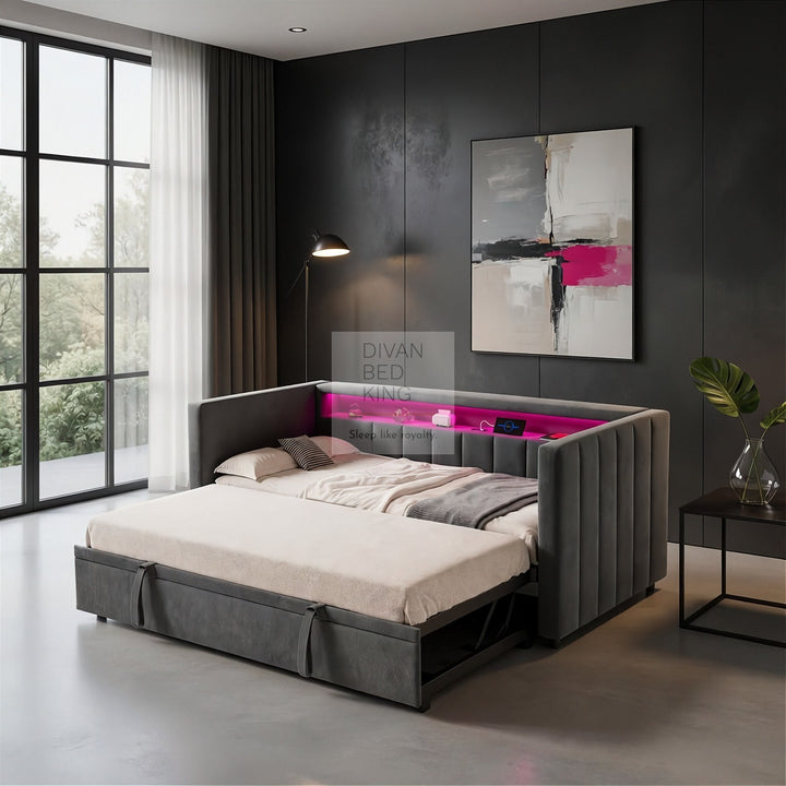 Adalynn Grey Plush Velvet Smart Sofa Bed Daybed with Bluetooth LED Lights, Storage, Shelves, USB & Type C Charging & Trundle