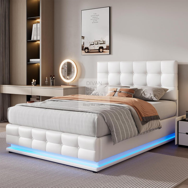 Alessio White Leather LED Ottoman Storage Bed with Adjustable Headboard