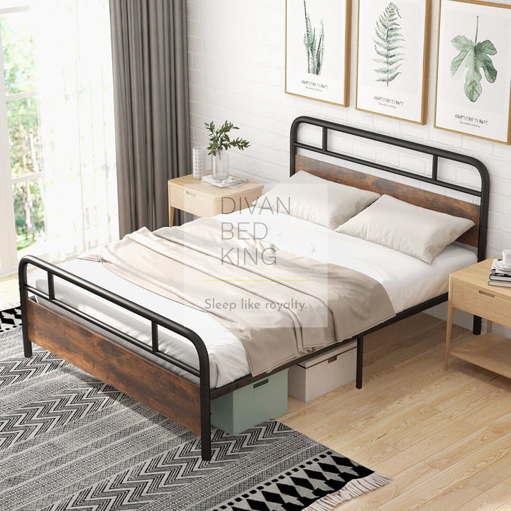 Ryker Black Metal Bed Frame with Wooden Headboard & Footboard