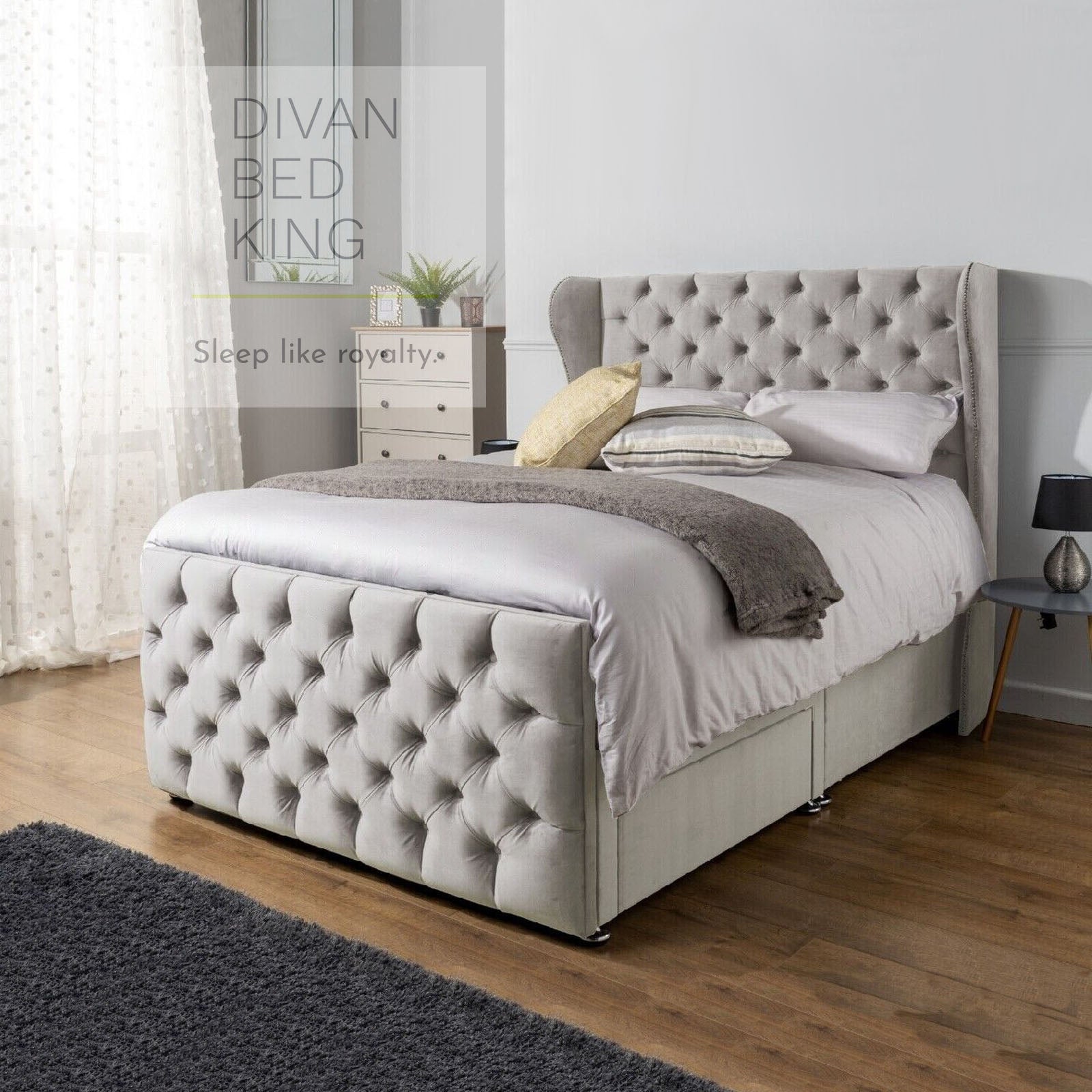 Emerson Luxury Designer Divan Bed with Winged Tall Floor Standing Head Divan Bed King