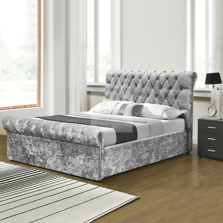 Avernus Crushed Velvet Ottoman Sleigh Bed Frame