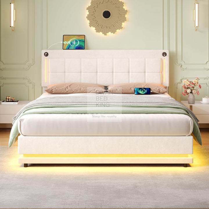 Varese Beige Velvet Ottoman Storage Smart Bed with LED Lighting, Type C and USB Headboard Shelf