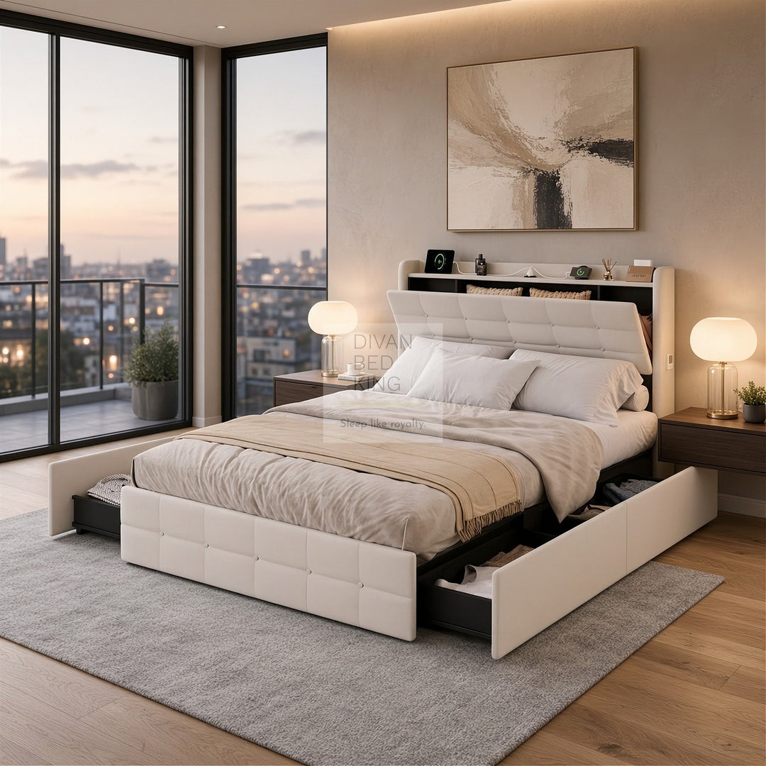 Vicente 4 Drawer Soft Beige Velvet Bed with LED Lights, Type C and USB Charging Adjustable Headboard Shelf