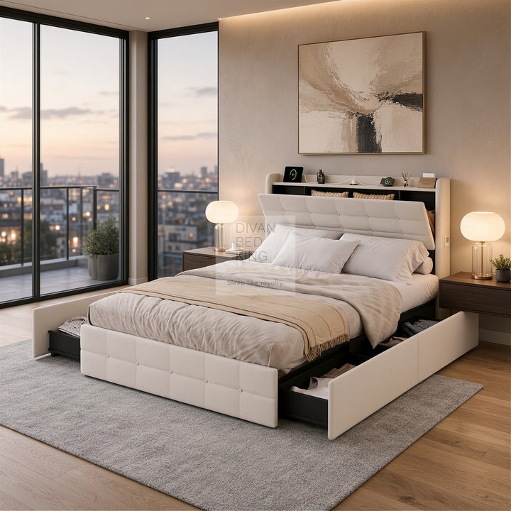 Vicente 4 Drawer Soft Beige Velvet Bed with LED Lights, Type C and USB Charging Adjustable Headboard Shelf