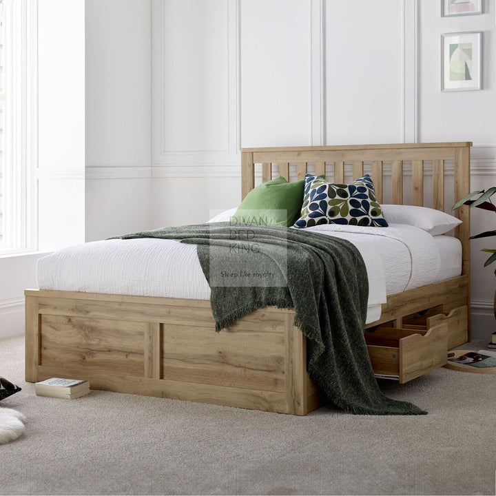 Leonel Oak Wooden 4 Drawer Storage Bed Frame