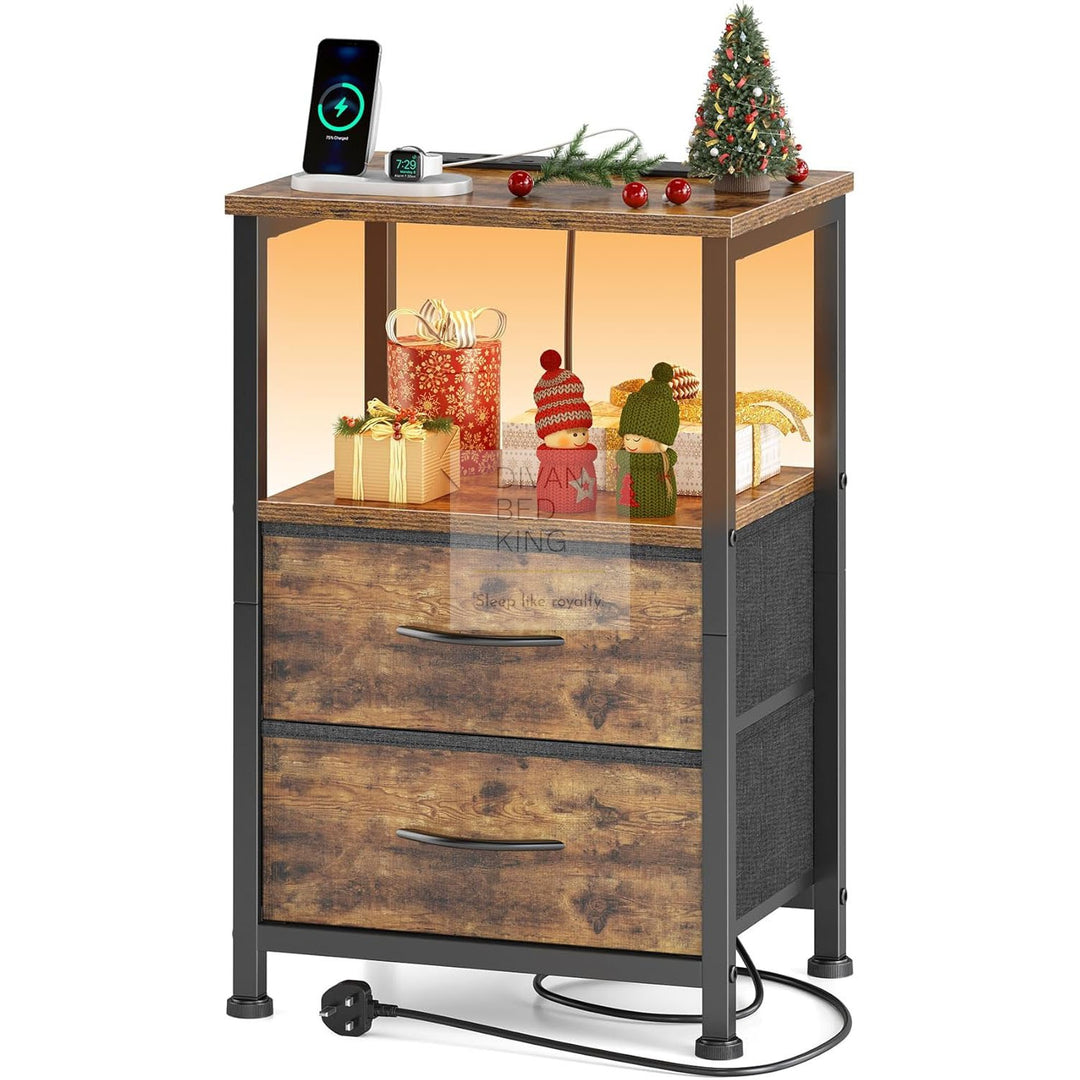 Henry 2 Drawer Rustic Wood and Metal Smart Bedside Table with Shelf