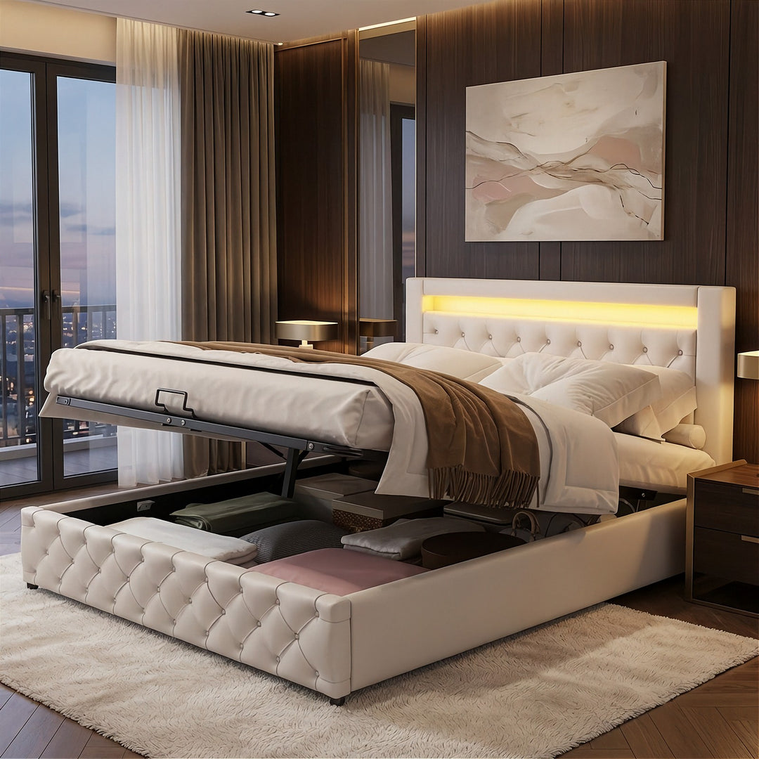 Santiago LED White Leather Ottoman Storage Bed
