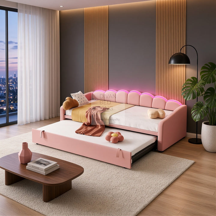 Elina Pink Plush Velvet Trundle Guest Sofa Bed with LED Lighting