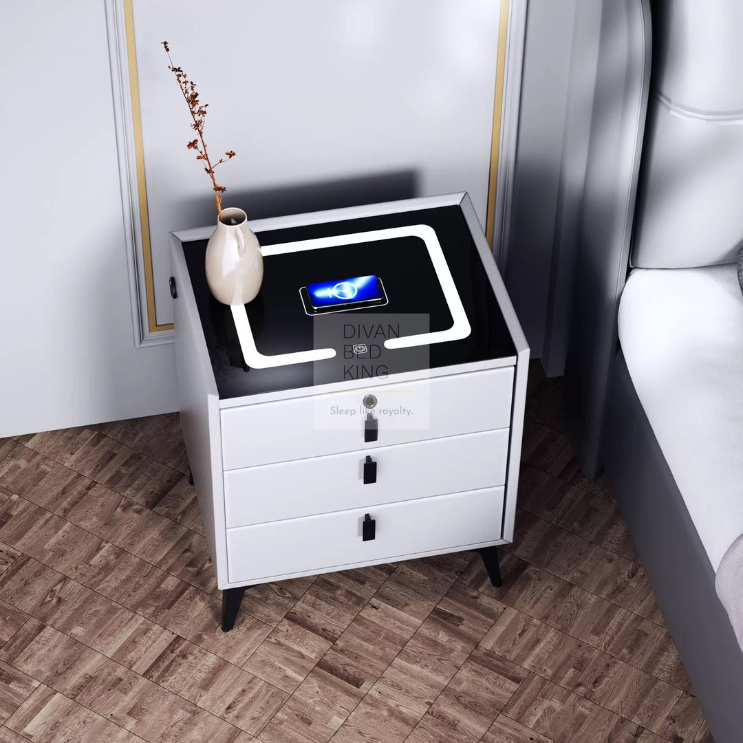 Elara White 3 Drawer Smart LED Bedside Table with Bluetooth Speakers, Fingerprint Lock, USB and Wireless Charging