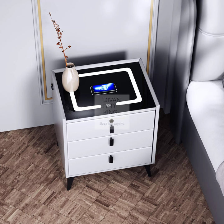 Elara White 3 Drawer Smart LED Bedside Table with Bluetooth Speakers, Fingerprint Lock, USB and Wireless Charging