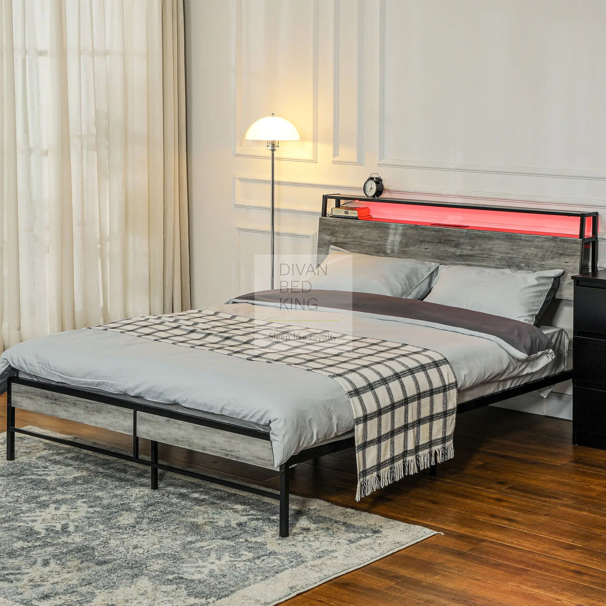 Metal Divan Henry Metal Grey Divan Bed with LED Headboard, Shelves, Sockets and US ...