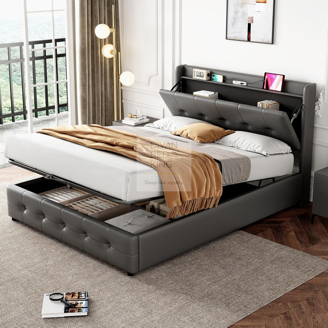 Serafina Grey Leather Ottoman Bed with Headboard Storage + USB + Type C Charging