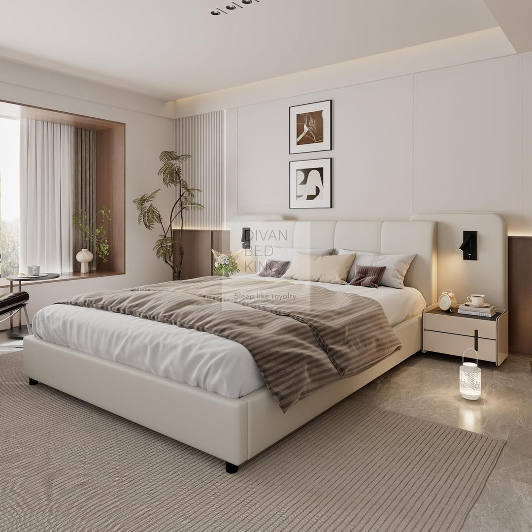 Monteleone Oversized Headboard White Leather Bed Frame with Integrated Lighting & USB Charging