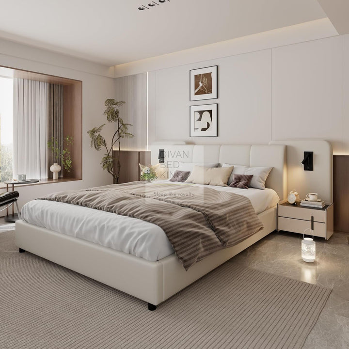 Monteleone Oversized Headboard White Leather Bed Frame with Integrated Lighting & USB Charging