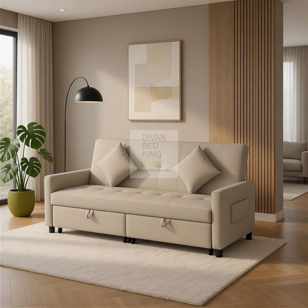 Ramiro Biege Brushed Cotton 3-in-1 Sofa Bed 3 Seater with Storage