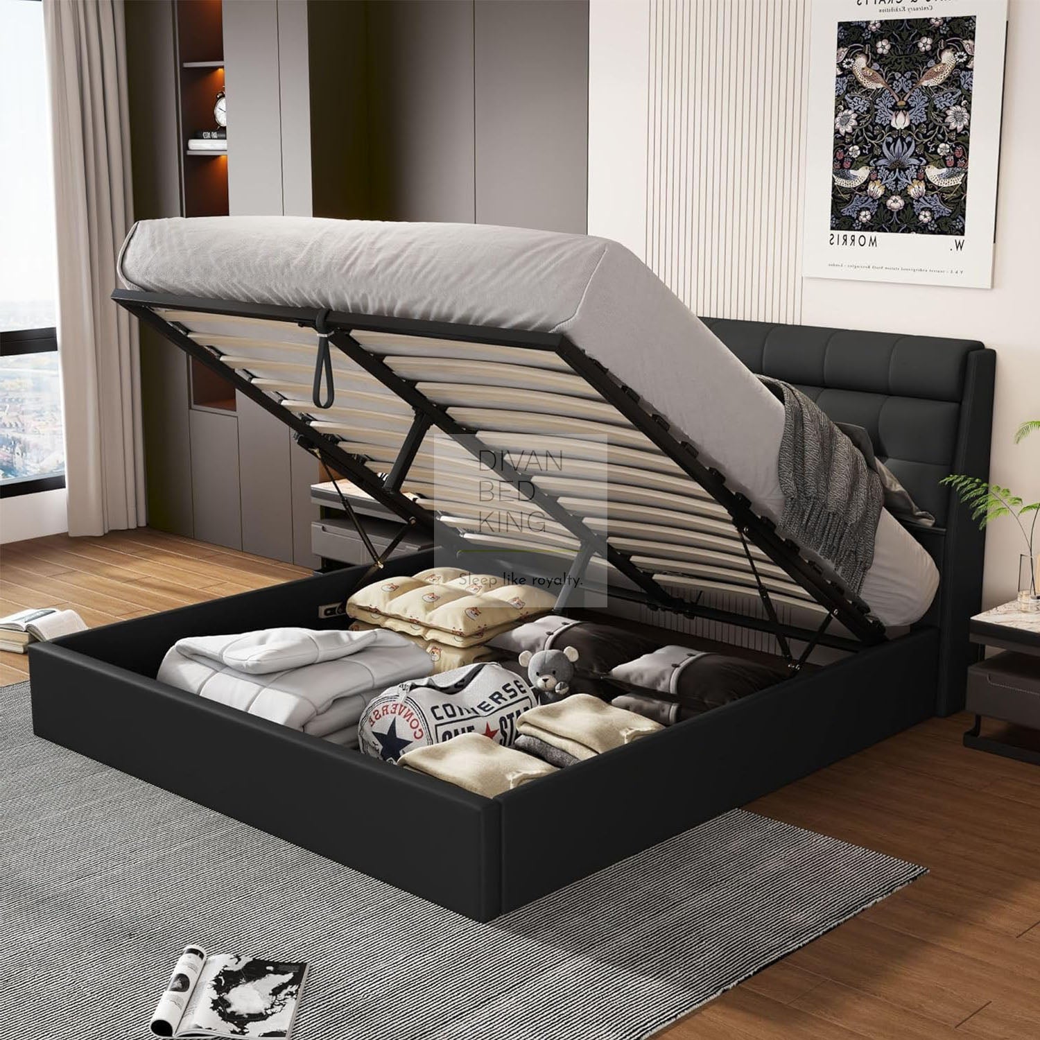 Carmine Black Leather Ottoman Storage Bed with Headboard Storage ...