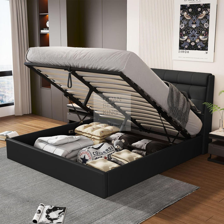 Carmine Black Leather Ottoman Storage Bed with Headboard Storage