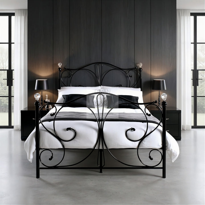 Rosella Crystal Finial Black Metal Bed with Footboard and Optional Drawers