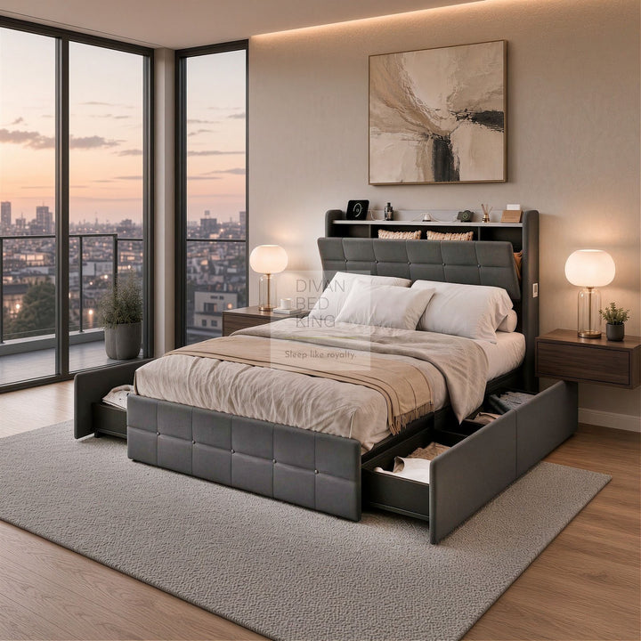 Vicente 4 Drawer Soft Grey Velvet Bed with LED Lights, Type C and USB Charging Adjustable Headboard Shelf
