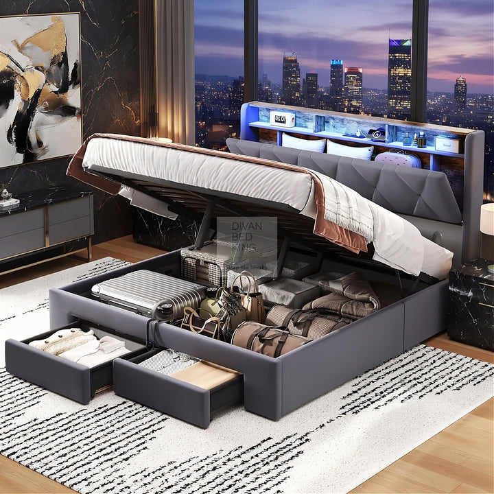 Velasquez Grey Plush Velvet Ottoman Storage Smart Bed with Type C, USB & Socket Charging Headboard Storage Shelves