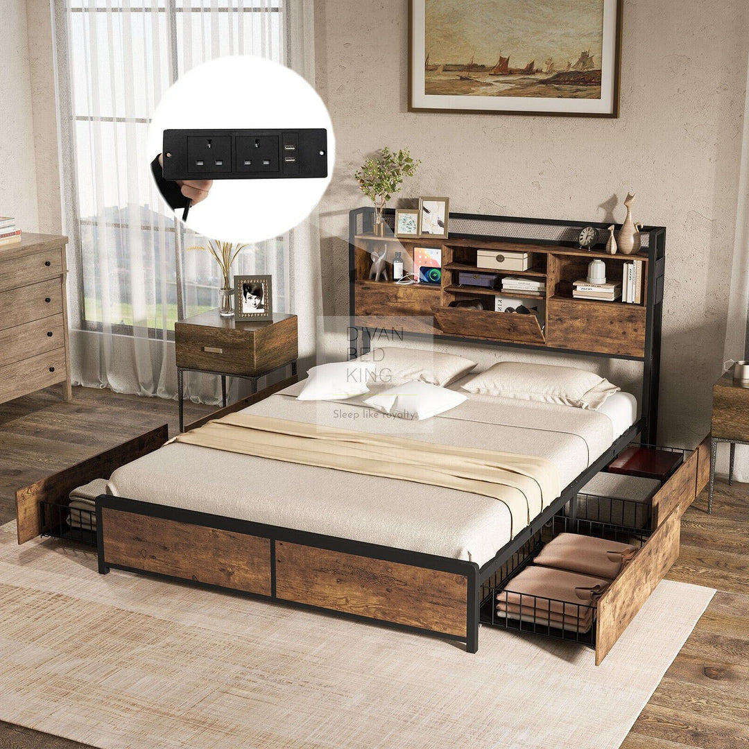Metal Divan Henry Metal Divan Bed with 4 Drawers with Headboard, Shelves, Sockets ...