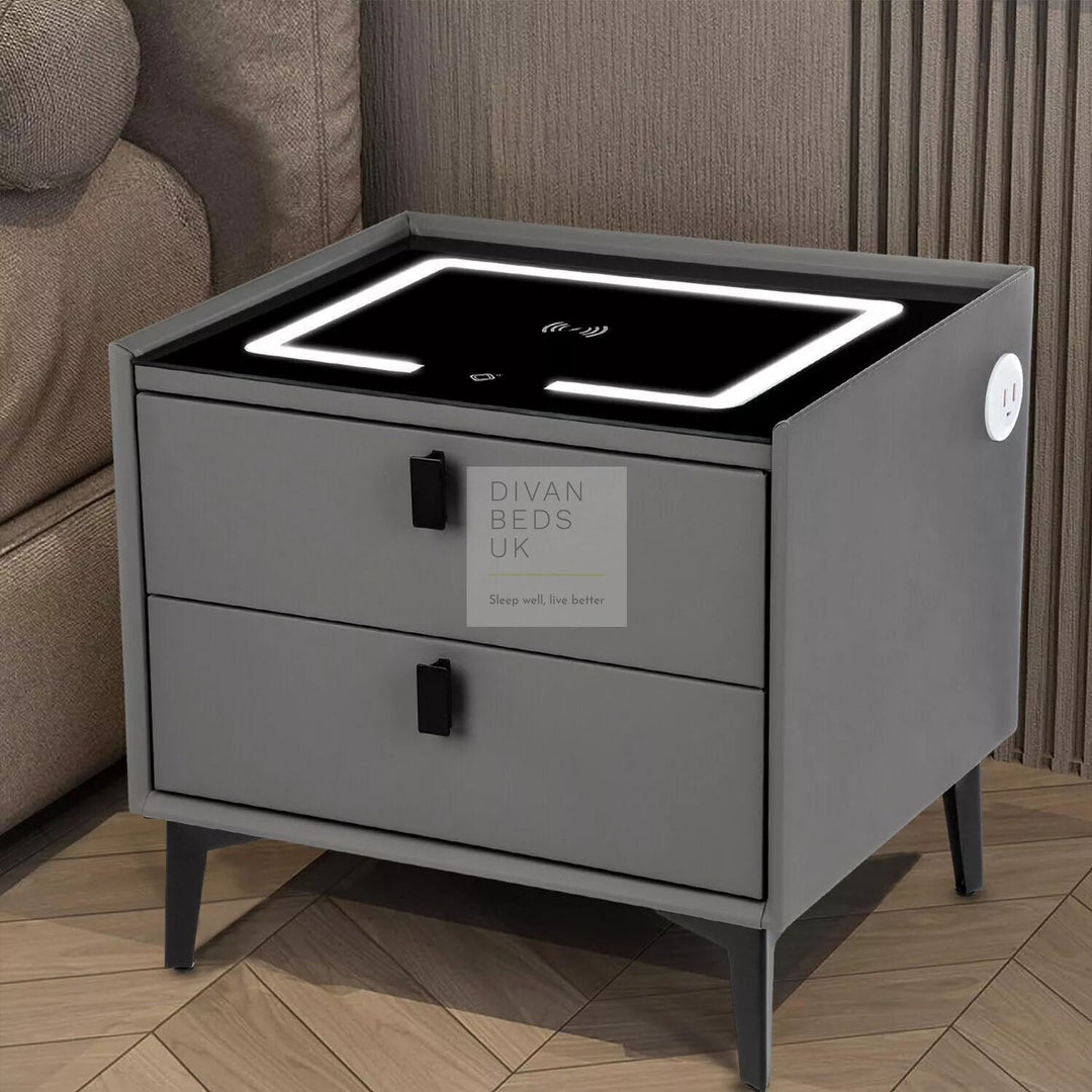 Elara Grey 2 Drawer Smart LED Bedside Table with USB, Type C and Wireless Charging