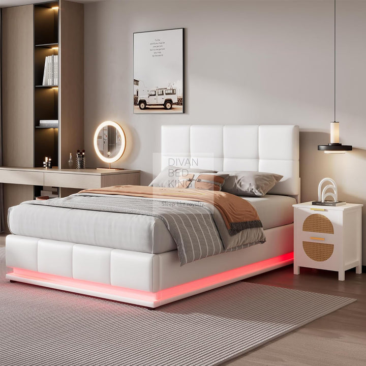 Dario White Leather LED Ottoman Storage Bed with Adjustable Headboard