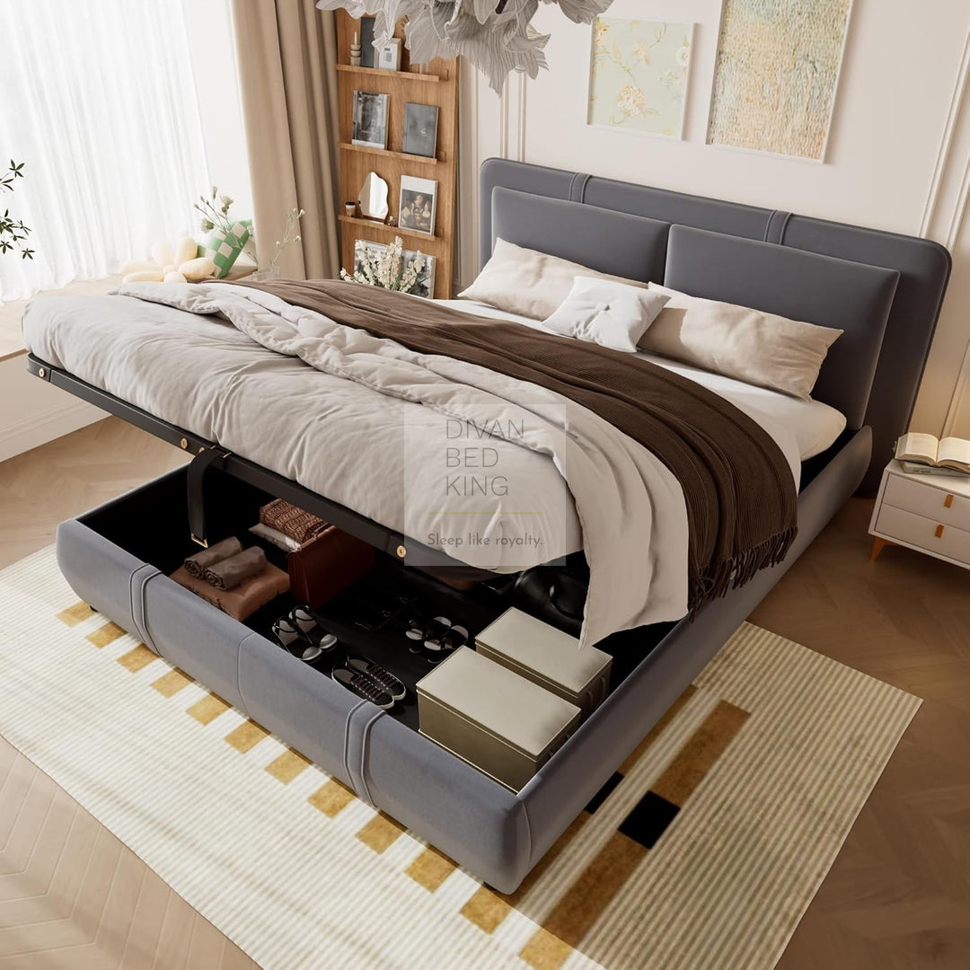 Oppia Nuova Grey Brushed Cotton Ottoman Storage Bed with Large Padded Removeable Headrests