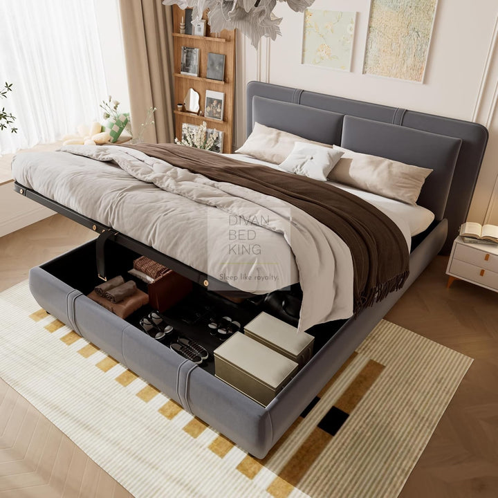 Oppia Nuova Grey Brushed Cotton Ottoman Storage Bed with Large Padded Removeable Headrests