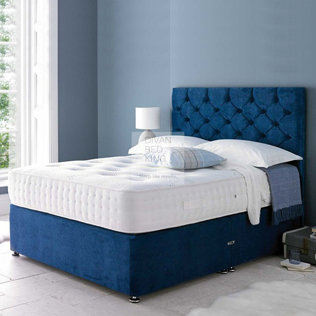 Dante Reinforced Blue Divan Bed Set with Button Headboard