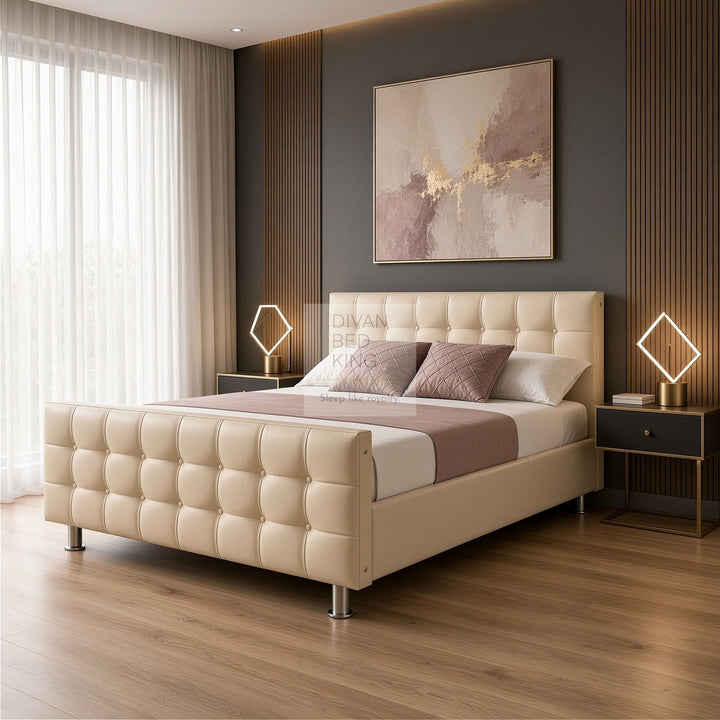 Gracelyn Cream Leather Buttoned Cube Bed Frame