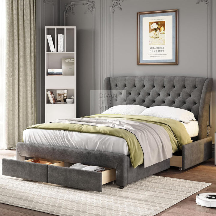 Cipriana Soft Grey Velour Upholstered Wingback Bed with 4 Drawers