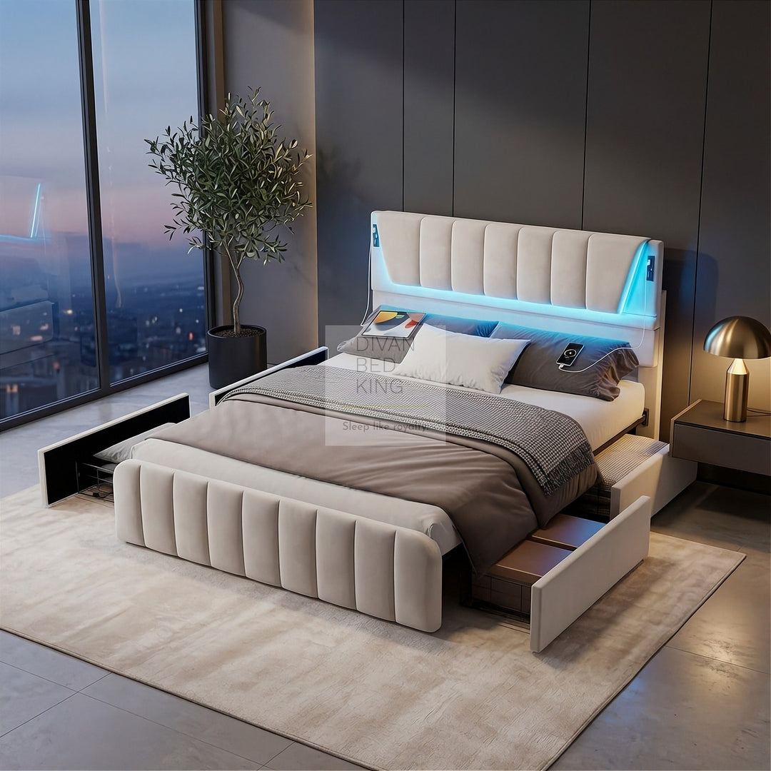 Kamari 4 Drawer Storage Beige Plush Velvet Smart Bed with with LED Lights, USB and Type-C Charging