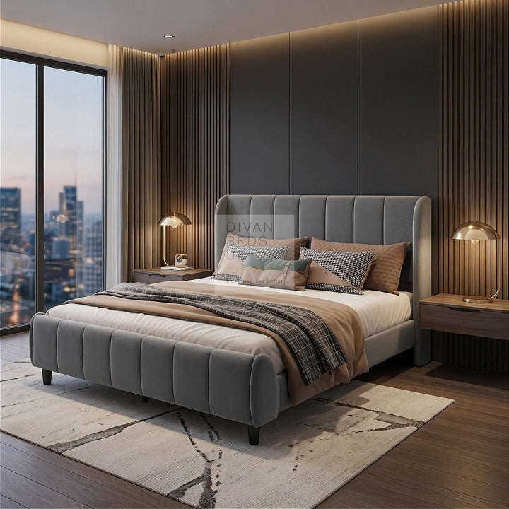 Benicio Grey Velvet Luxury Wingback Curved Upholstered Bed Frame