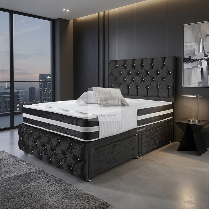 Orlando Black Crushed Velvet Divan with Airflow Spring Memory Mattress Option