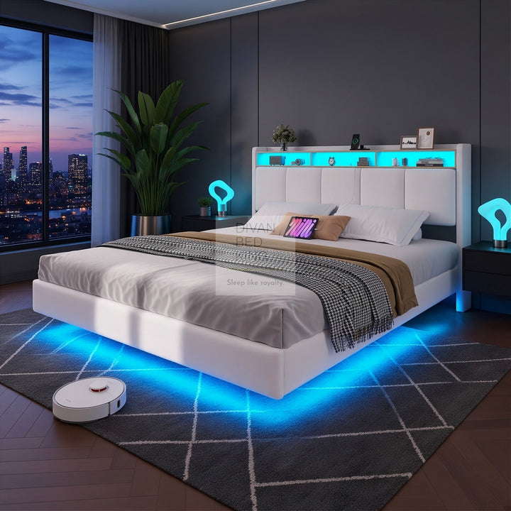 Houston Smart Metal Floating Bed with White Linen Padded Storage Headboard, LED Lights, Plug Sockets, USB & Type C Charging Station