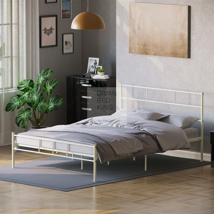 Mathias White Steel Metal Bed Frame with Drawer Options