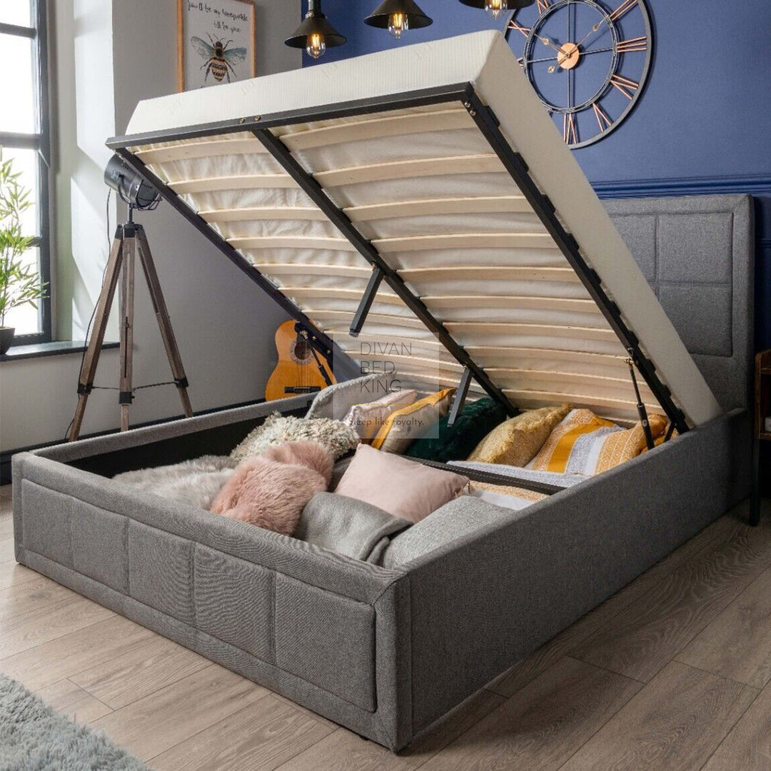 Bertram Cube Grey Linen Ottoman Storage End Lift Bed Frame