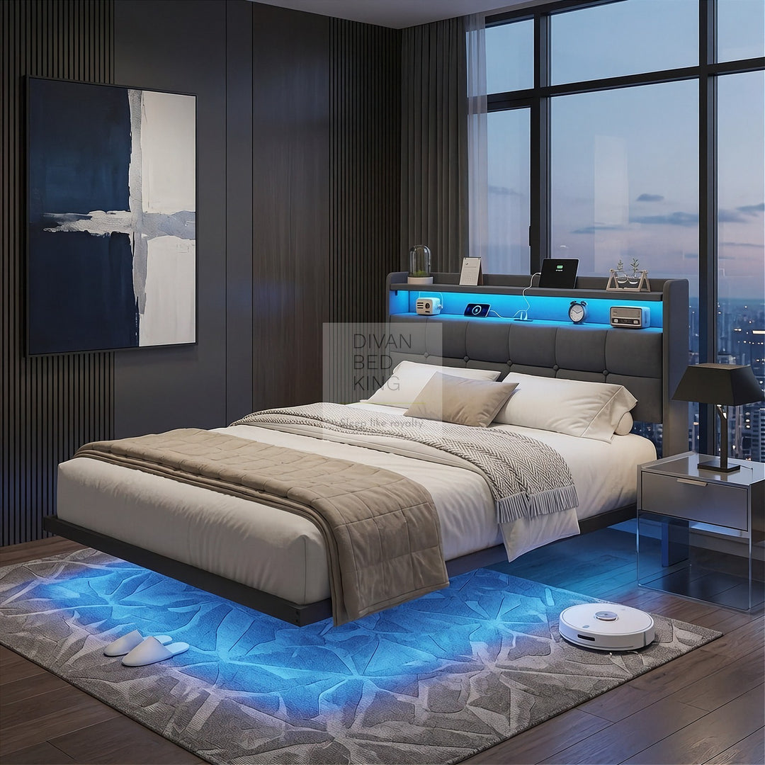 Houston Smart Metal Floating Bed with Grey Linen Padded Storage Headboard, LED Lights, USB & Type C Charging Station