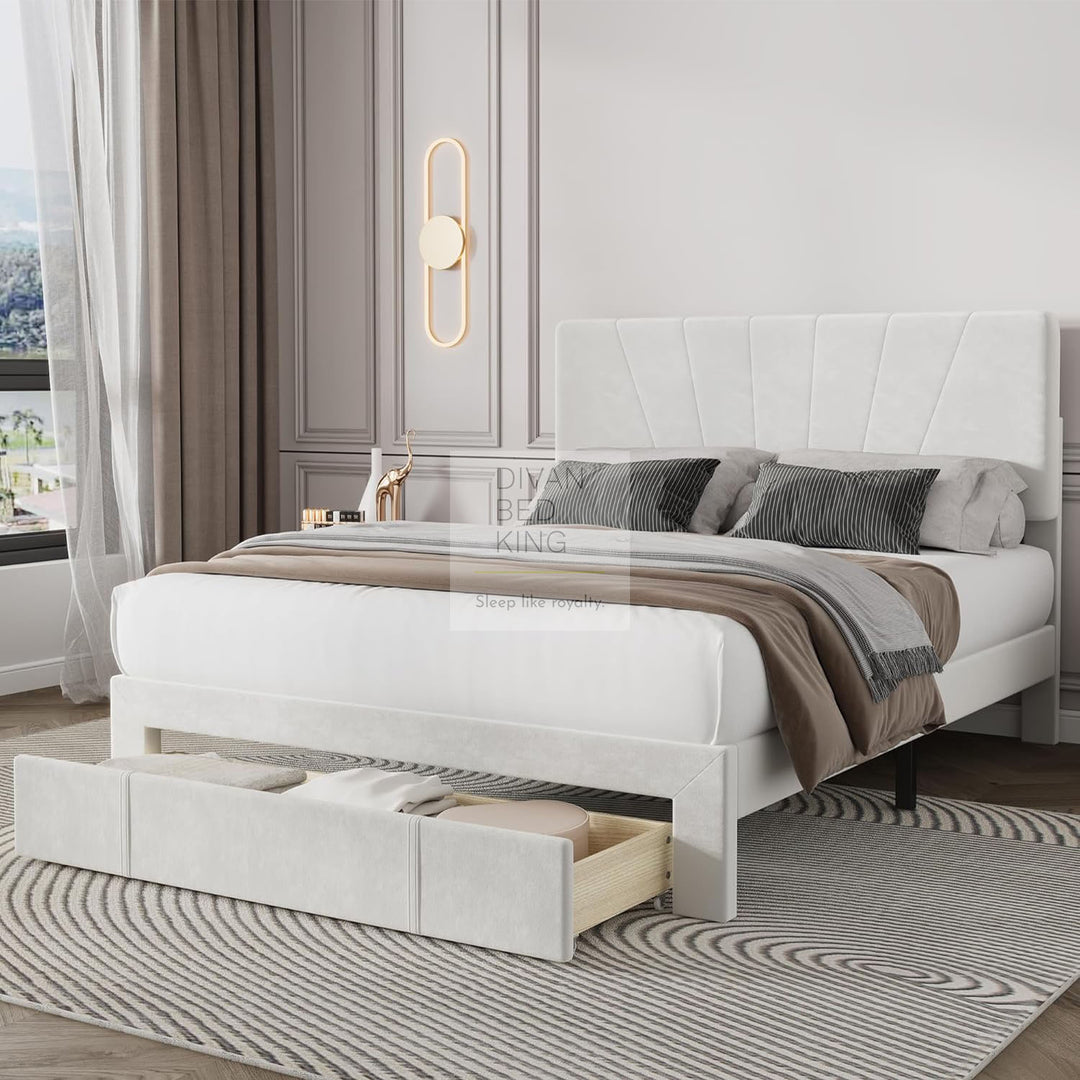 Palmiro White Beige Plush Velvet Storage Bed with Large Drawer and Adjustable Headboard