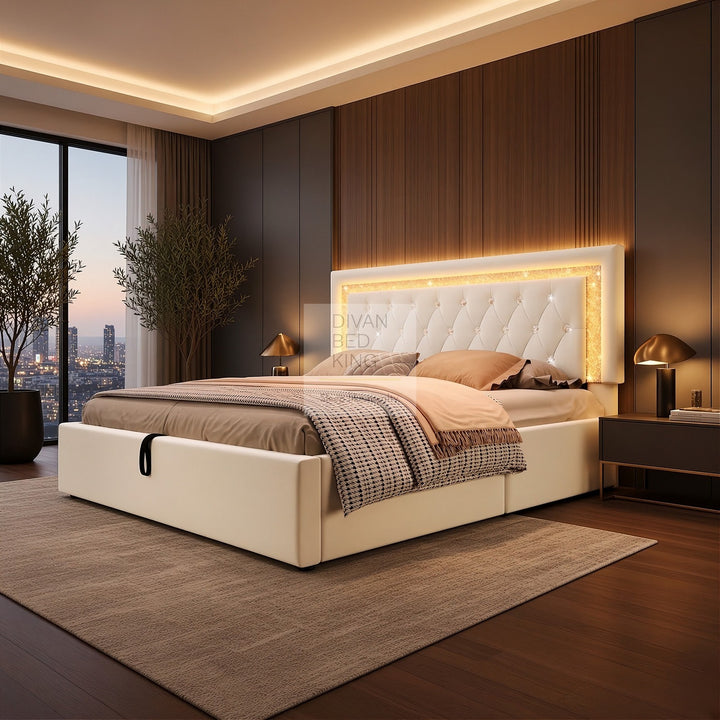 Adela Beige Velvet Diamante Crystal Bed Ottoman Storage Smart Bed with Glitter LED Lights, USB and Type-C Charging