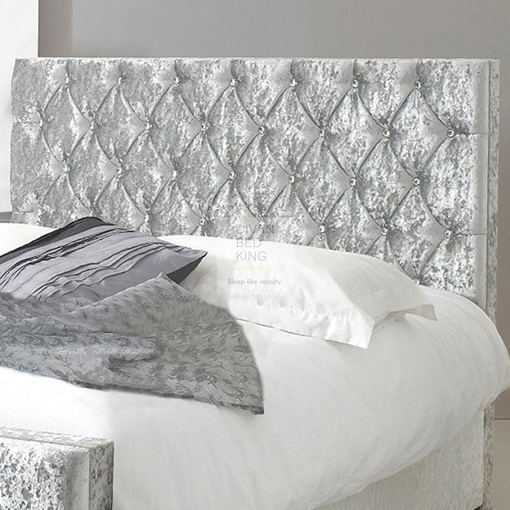 Fiona Chesterfield Design Silver Crushed Velvet Floor Standing Divan Bed Headboard