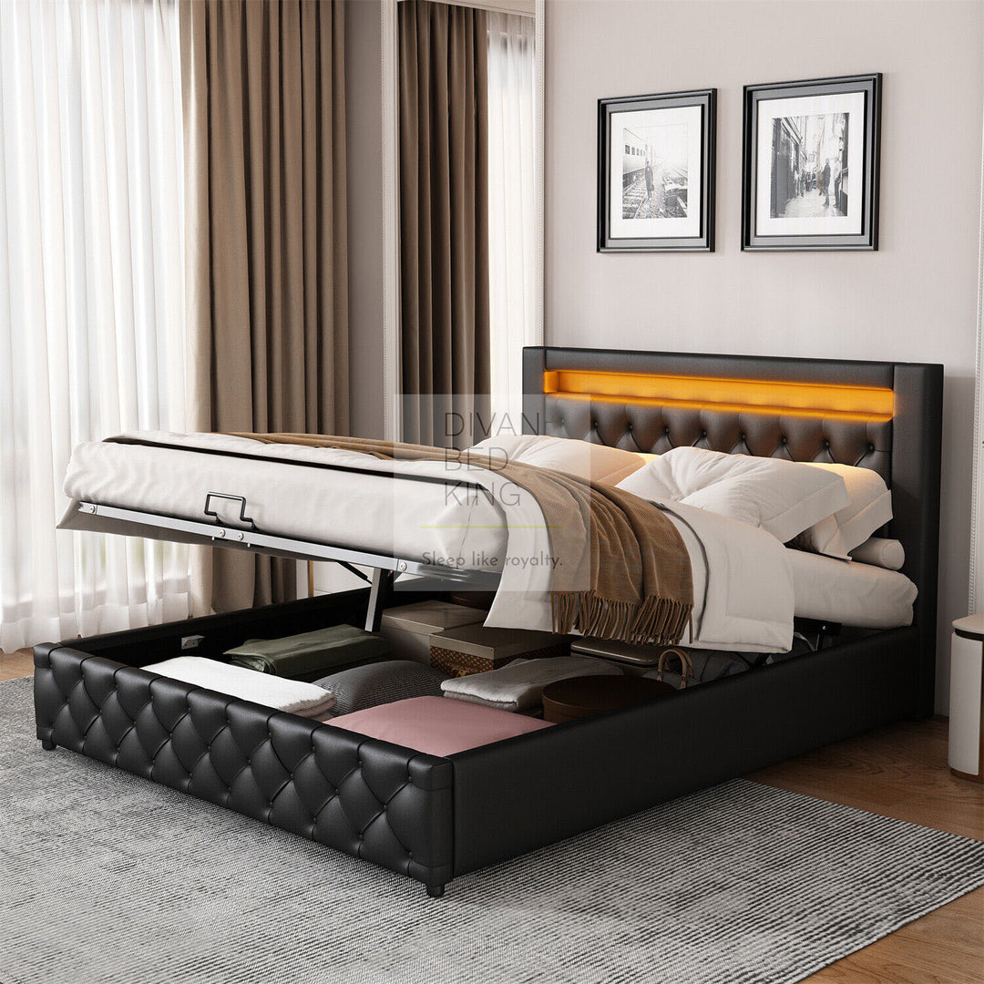 Santiago LED 4ft6 Double Black Leather Ottoman Storage Bed