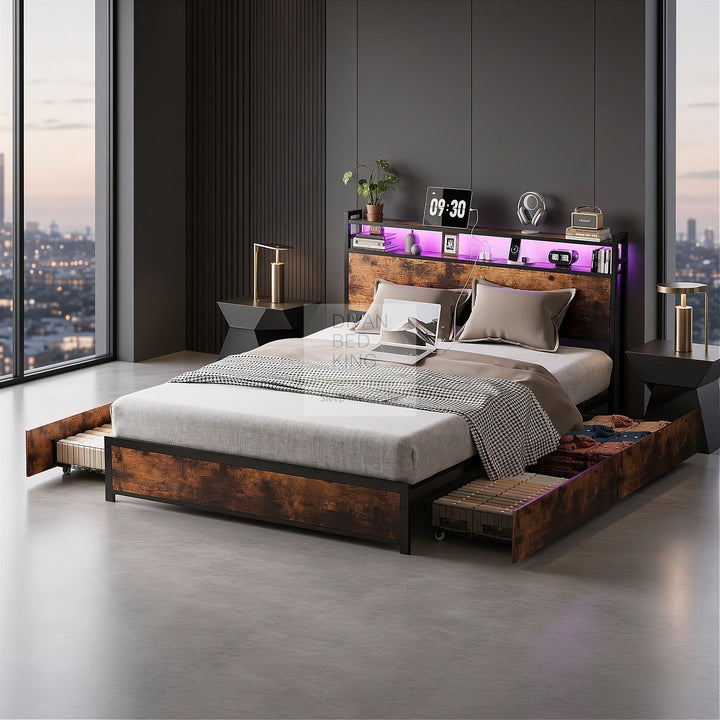 Henry Metal Wooden Hybrid Brown Bed with 4 Drawers with Headboard, LED Reading Lights, Sockets, USB, Type C Charging