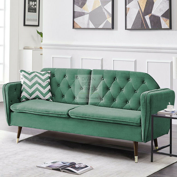 Regine Green Plush Velvet 3 Seater Sofa Bed