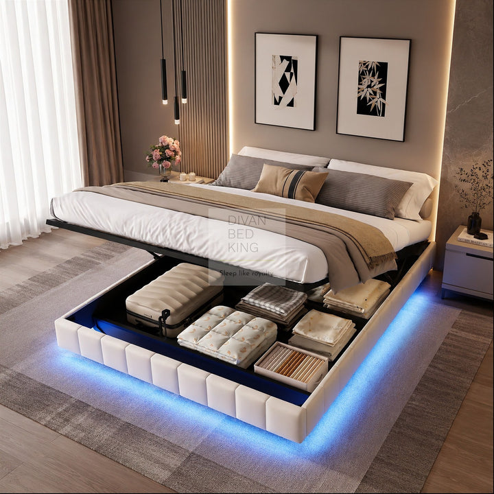 Carrillo Floating Style Smart LED Beige Linen Ottoman Gas Lift Storage Bed Base